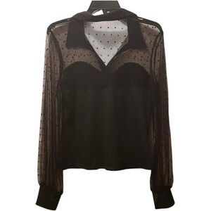 CBR Black Sheer Mesh Polka Dot Long Sleeve Top Blouse XL Romantic